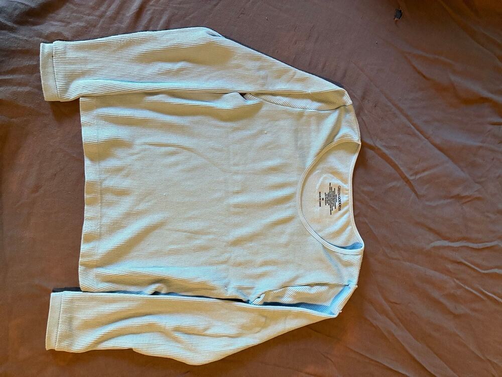 Green Goddess Shirt Womens M Ribbed Thermal Long Sleeve Stretch Cream Beige
